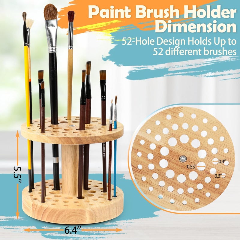 Dlicoda 52 Holes Paint Brush Holder, 360° Rotating Paint Brush Organizer, Hardwood Storage Stand Rack for Artists Brushes, Crafts Tools, Makeup Brush, Calligraphy Pens - Image 2